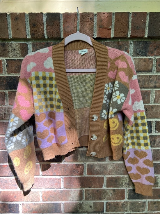 debut Sweaters - Debut Patchwork Knit Cardigan in Pink, Tan, Yellow